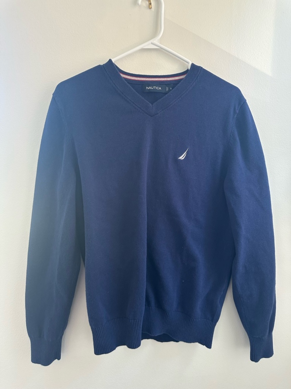 Nautica Men's Dark Blue V-Neck Sweater with Sail Logo